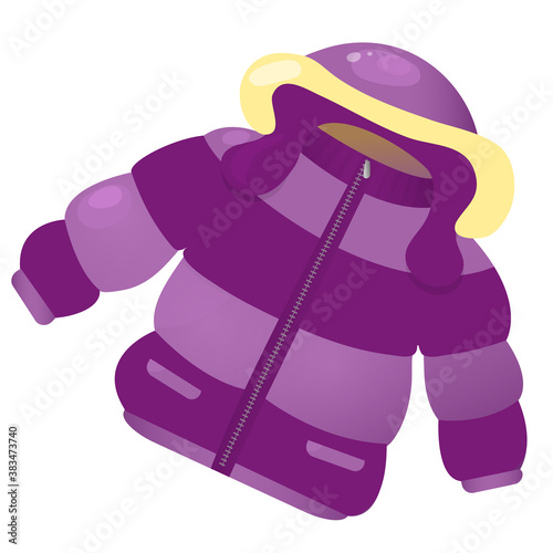 Color image of children's jacket with hood on white background. Winter clothing. Vector illustration for kids.