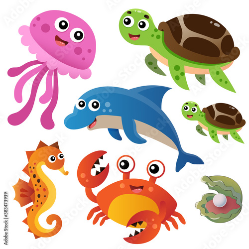 Color image of cartoon jellyfish  turtle  dolphin  seahorse and crab on white background. Marine life. Vector illustration set for kids.