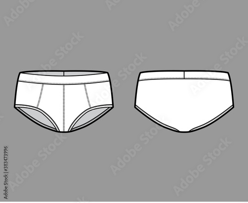 Trunk briefs underwear technical fashion illustration with elastic waistband, Athletic-style skin-tight. Flat Underpants lingerie template front back white color. Women men unisex swimsuit CAD mockup 