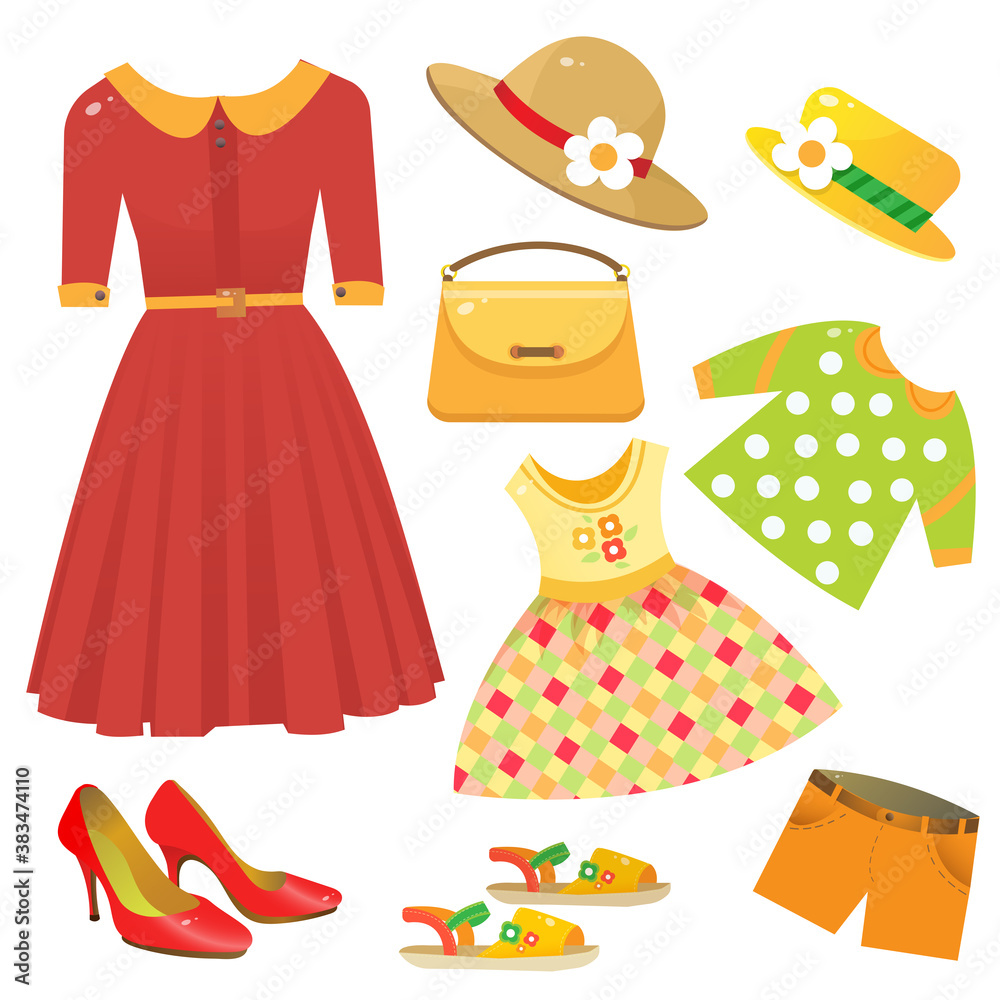 Set of female clothing. Red dress, women shoes on heel, children's clothes,  summer sandals, hat, handbag. Vector illustration for kids. Stock Vector