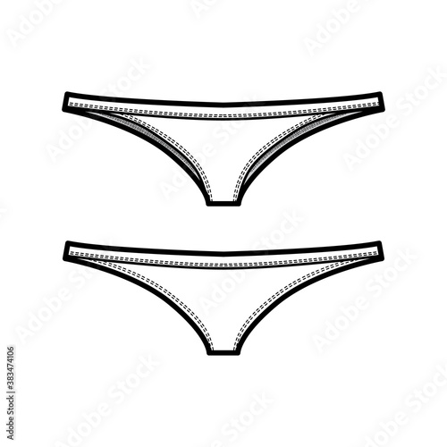 Tangas technical fashion illustration with elastic waistband, low rise, medium hips coverage. Flat Mini briefs knickers lingerie template front, back white color. Women men unisex underwear CAD mockup