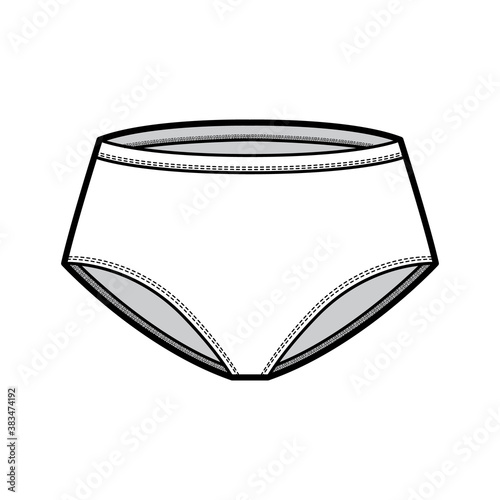 Classic briefs technical fashion illustration with mid waist rise bikini, full hips coverage. Flat Mini-short panties lingerie template front, white color. Women men unisex underwear CAD mockup
