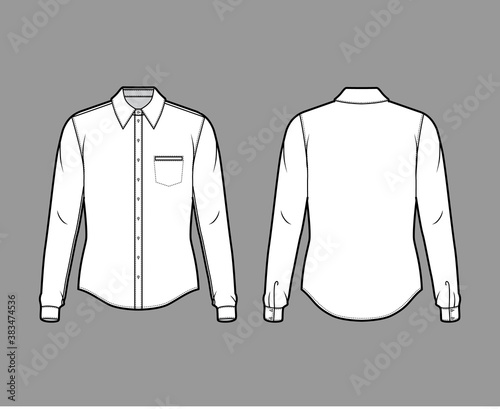 Classic shirt technical fashion illustration with long cuff sleeves, front button-fastening, point collar, welt pocket. Flat apparel template front back white color. Women men unisex top CAD mockup