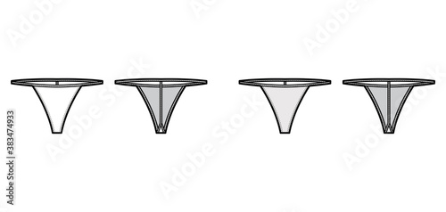 T-back string technical fashion illustration with low waist rise, no hips coverage, elastic waistband. Flat panties bikini lingerie template front back white grey color. Women men underwear CAD mockup