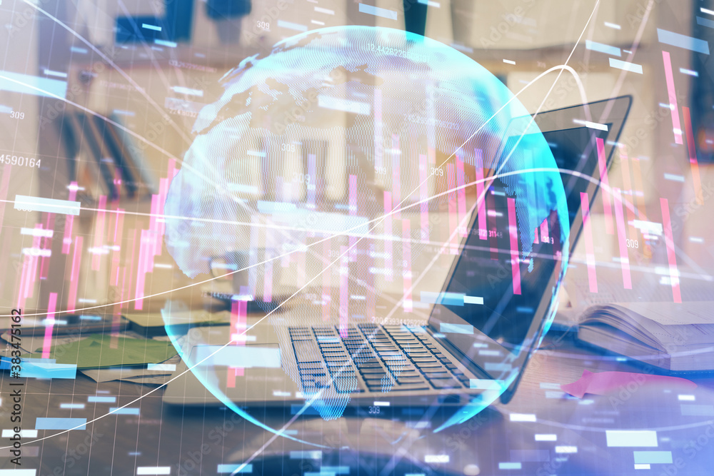 Forex market chart hologram and personal computer background. Double exposure. Concept of investment. Forex market chart hologram and personal computer background. Double exposure. Concept of investment.