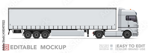 Editable semi truck mockup. Realistick tractor & tilt trailer on white background. Vector illustration