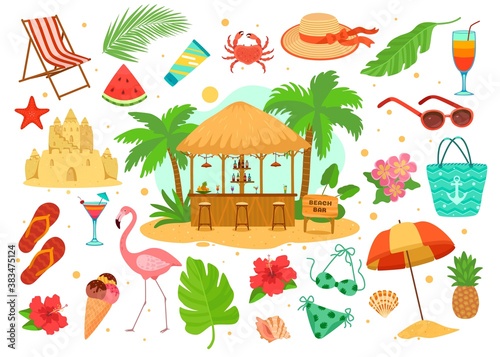 Summer sea beach objects vector illustration set. Cartoon flat beachfront bar with tropical drinks, vacation island element for sunbathing, beach life isolated on white. Seashore tourism in summertime