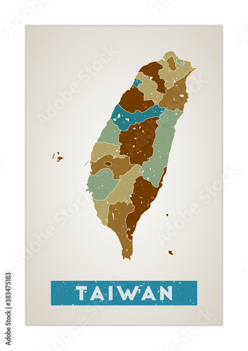 Taiwan map. Country poster with regions. Old grunge texture. Shape of Taiwan with country name. Captivating vector illustration.