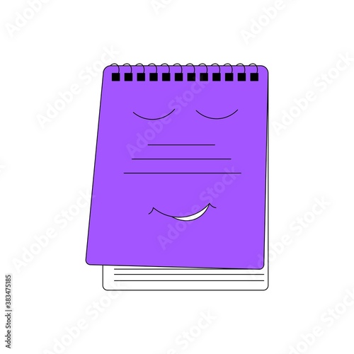 A school copybook outline color icon.Purple children's vertical notebook on a spiral with a smile. A study notebook. Concept of education, Back to school. Vector illustration with editable strokes