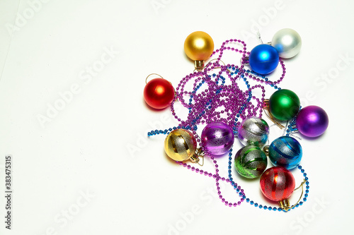 Christmas balls on a white background, top view, new year, Christmas decorations, holiday, christmas.