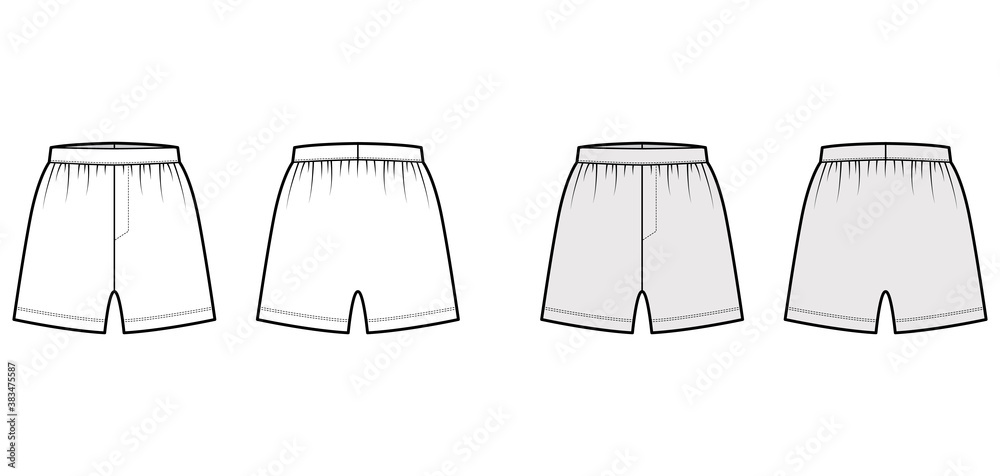 Boxer shorts underwear technical fashion illustration with loose  silhouette, elastic band. Flat trunks Underpants lingerie template front,  back, white, grey color. Women men unisex Kacchera CAD mockup Stock Vector
