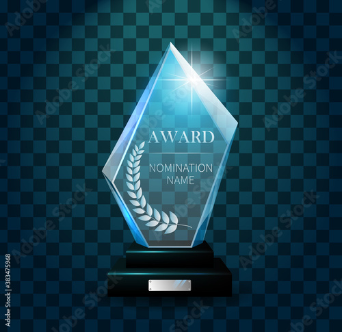 Glass award. Realistic transparent winner trophy. First place award, crystal prize and signed acrylic trophies.