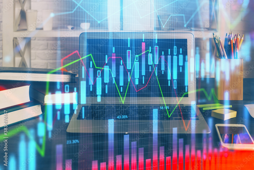 Double exposure of forex chart and work space with computer. Concept of international online trading. Double exposure of forex chart and work space with computer. Concept of international online trading.