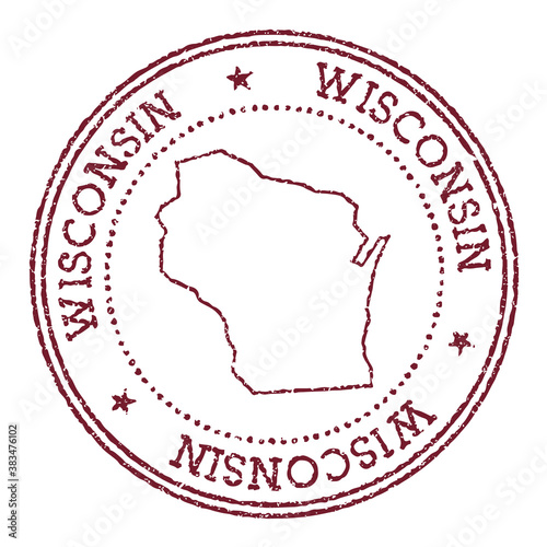 Wisconsin round rubber stamp with US state map. Vintage red passport stamp with circular text and stars, vector illustration.