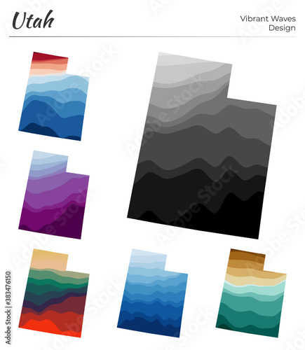 Set of vector maps of Utah. Vibrant waves design. Bright map of US state in geometric smooth curves style. Multicolored Utah map for your design. Awesome vector illustration.