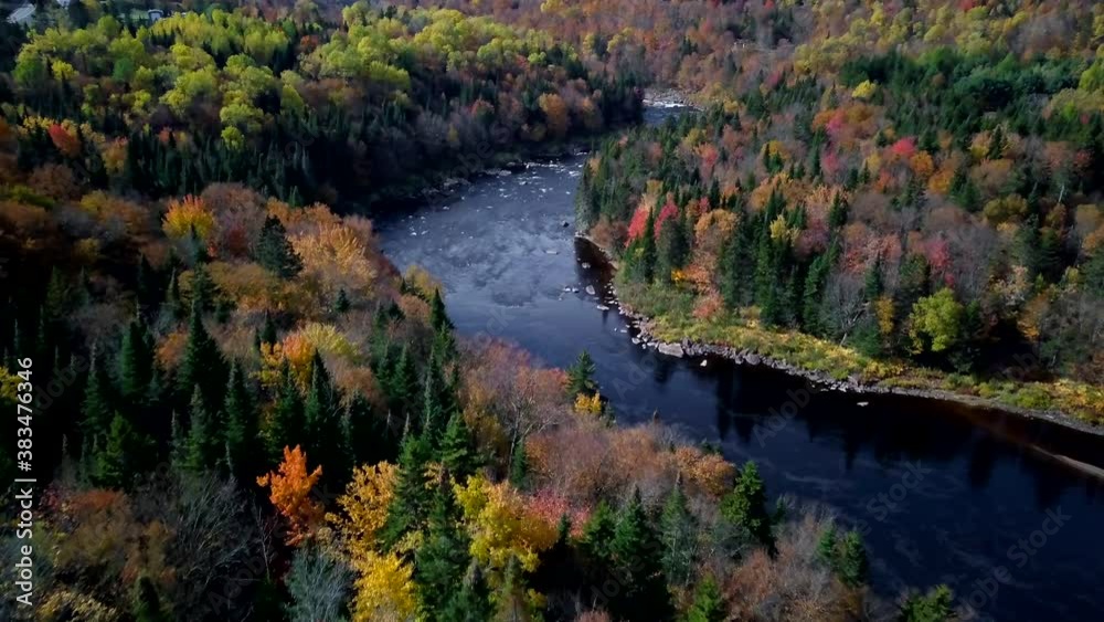 Aerial drone shot of a river in a valley with mountains during autumn Aerial drone shot of a river in a valley with mountains during autumn