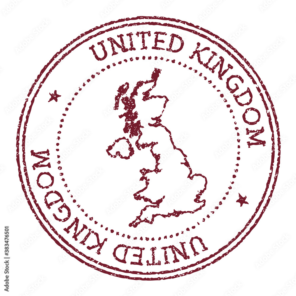 United Kingdom round rubber stamp with country map. Vintage red passport stamp with circular text and stars, vector illustration. United Kingdom round rubber stamp with country map. Vintage red passport stamp with circular text and stars, vector illustration.