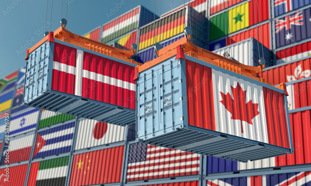 Freight containers with Denmark and Canada national flags. 3D Rendering