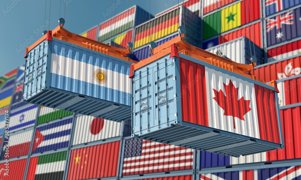 Freight containers with Argentina and Canada national flags. 3D Rendering