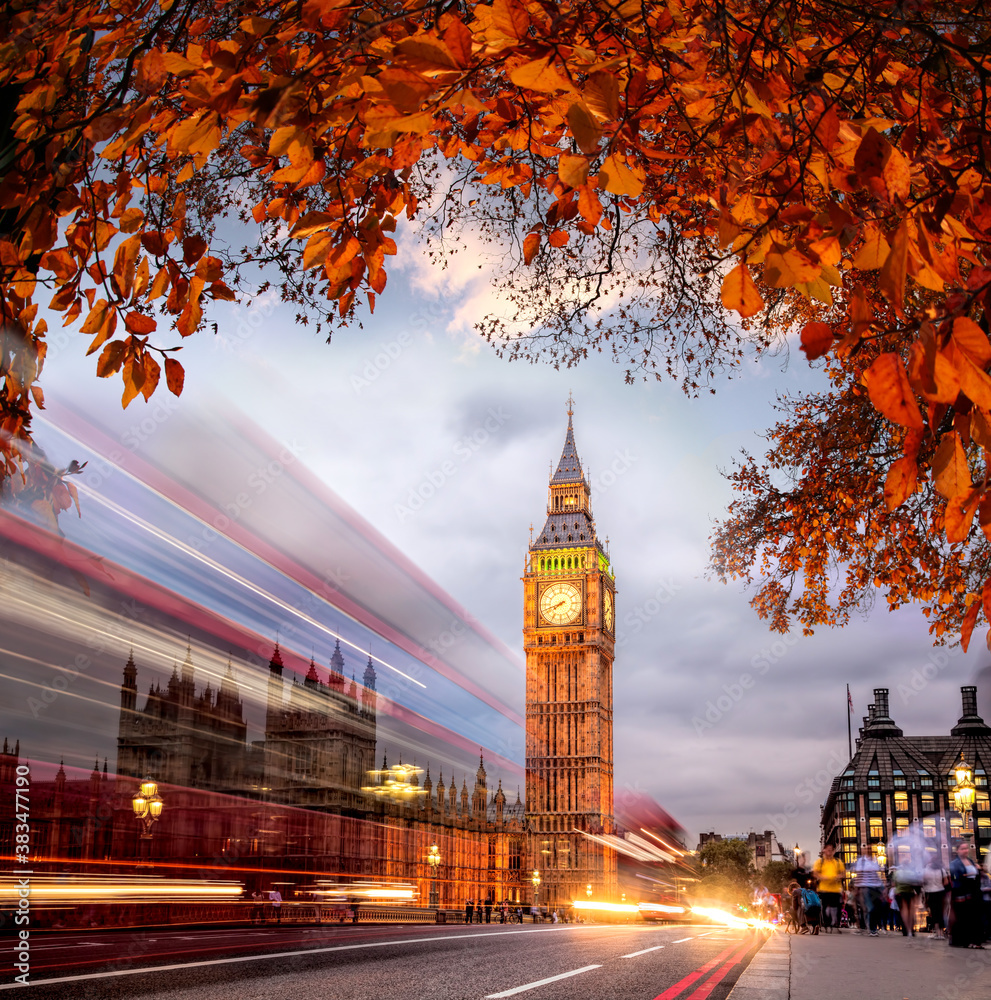Fototapeta premium Night traffic jam with autumn leaves against Big Ben in London, England, UK