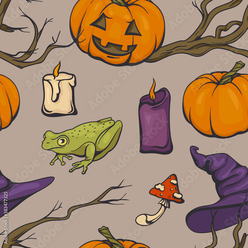 Seamless halloween pattern with magic paraphernalia