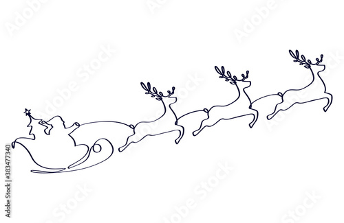 One continuous line drawing Santa Claus on reindeer and sled.
