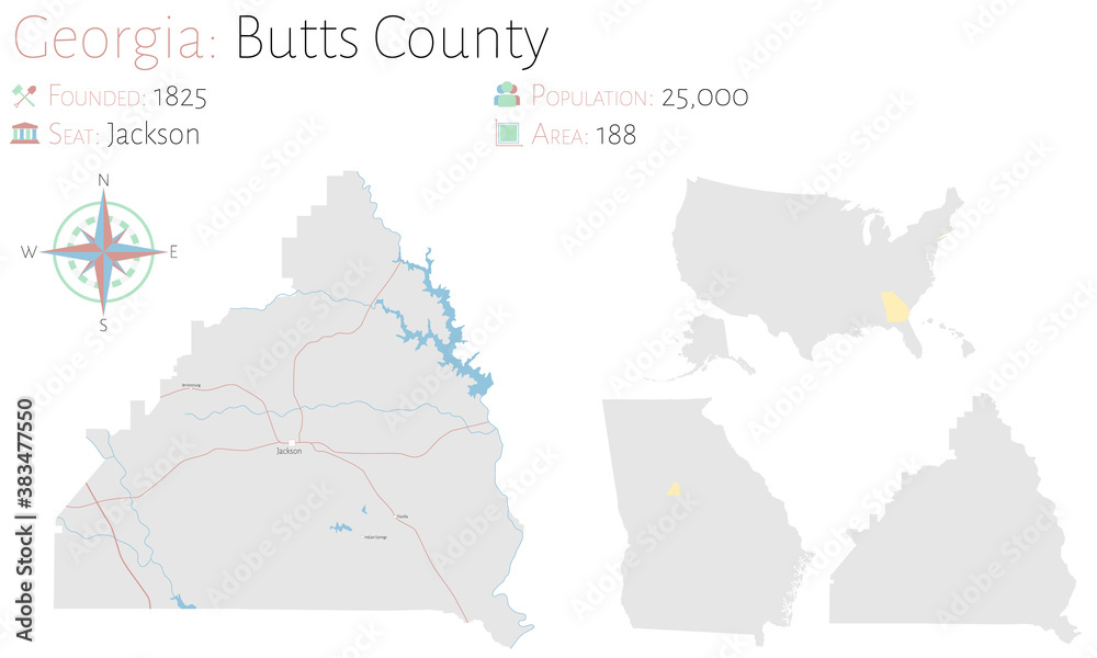 Large and detailed map of Butts county in Georgia, USA.
