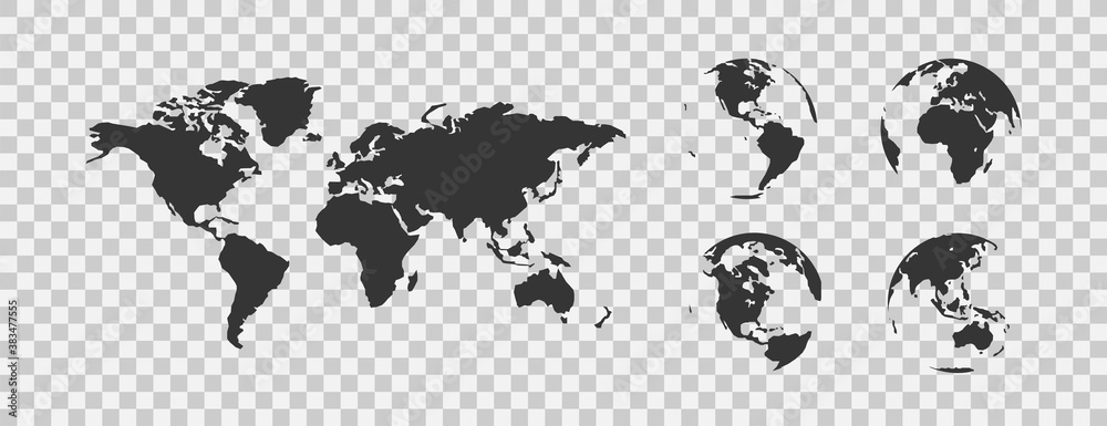 World map globe set black icon on transparent background. Geography ...