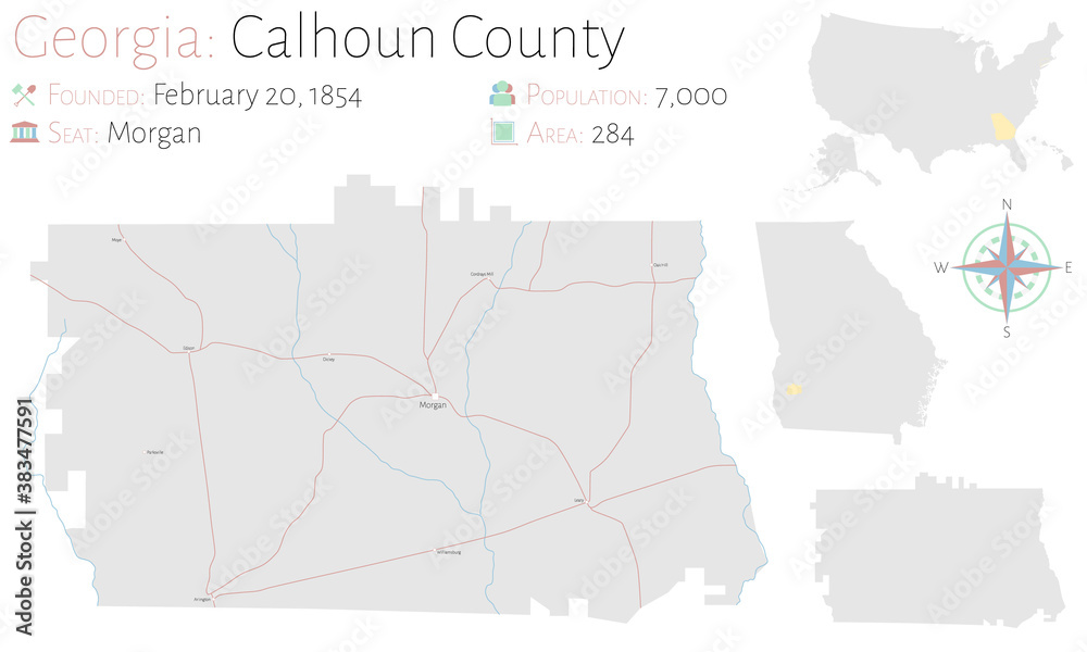 Fototapeta premium Large and detailed map of Calhoun county in Georgia, USA.
