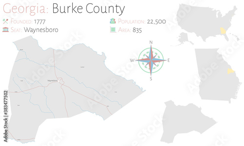 Large and detailed map of Burke county in Georgia, USA.
