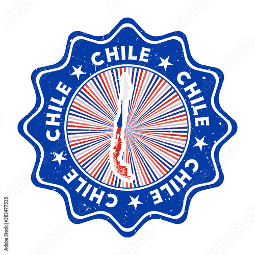 Chile round grunge stamp with country map and country flag. Vintage badge with circular text and stars, vector illustration.