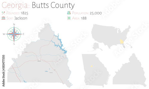 Large and detailed map of Butts county in Georgia, USA.
