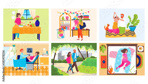 Pregnant woman lifestyle activity vector illustration set. Cartoon flat happy active mother character in pregnancy visiting doctor, cooking, doing sport exercises and walking with husband together