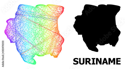 Wire frame and solid map of Suriname. Vector model is created from map of Suriname with intersected random lines, and has spectral gradient. Abstract lines are combined into map of Suriname.