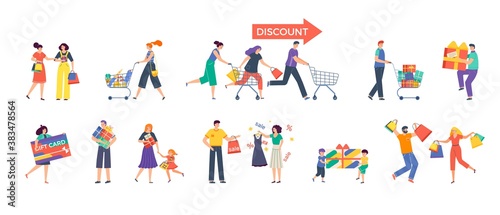 Shopping people vector illustration set. Cartoon flat man woman characters with cart full of purchases or shopper bags  happy family enjoying seasonal discount sale at store or shop isolated on white