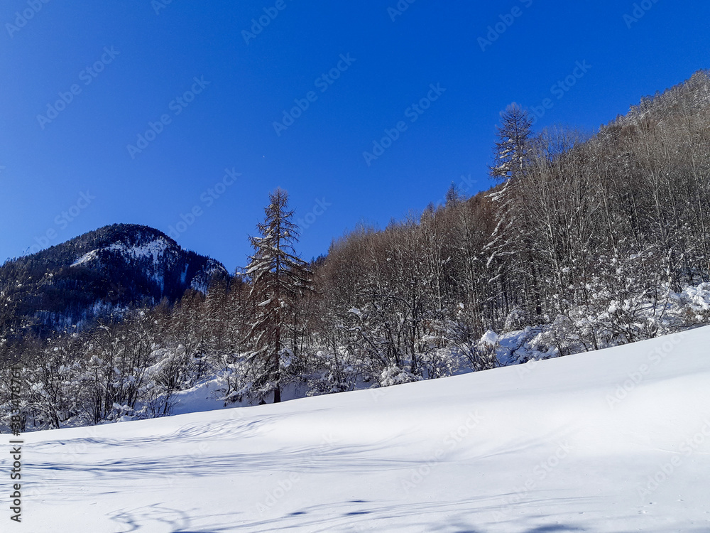 Winter mountain with white snow alps in France