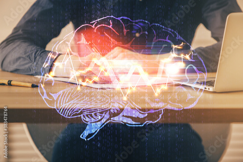 Brain multi exposure icon with man hands background.