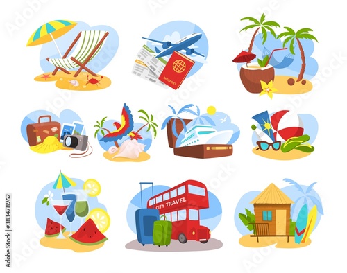 Travel object vector illustration set. Cartoon flat collection of traveling or sightseeing tour, items for modern traveler. Summer vacation or beach adventure, tourism concept icons isolated on white