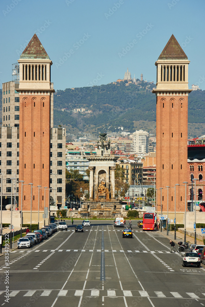 Looking towards Plaza Espanya from Montjuic in Barcelona, Spain