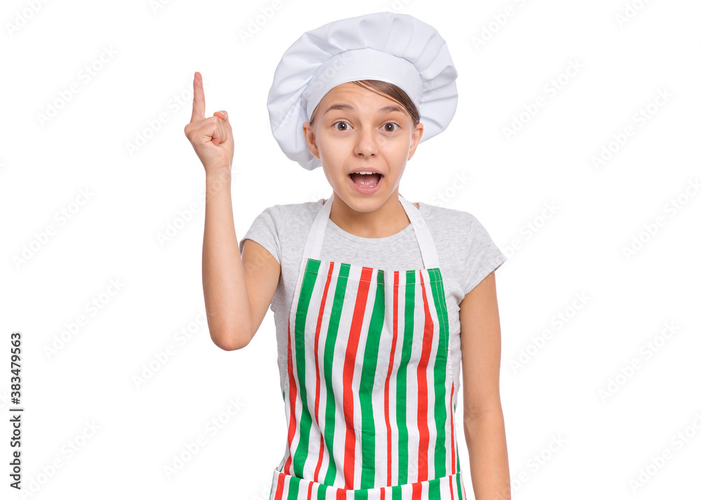 Happy teenage girl wearing chef hat in apron with emotions showing signs with hands, isolated on a white background. Happy teenage girl wearing chef hat in apron with emotions showing signs with hands, isolated on a white background.