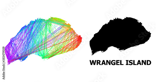 Wire frame and solid map of Wrangel Island. Vector model is created from map of Wrangel Island with intersected random lines, and has bright spectral gradient.