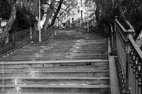 Nusle Steps stairs(Nuselske schody) black and white shot of historic pathway between parts of Prague, Czech Republic photo