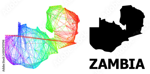 Network and solid map of Zambia. Vector structure is created from map of Zambia with intersected random lines, and has spectral gradient. Abstract lines are combined into map of Zambia.