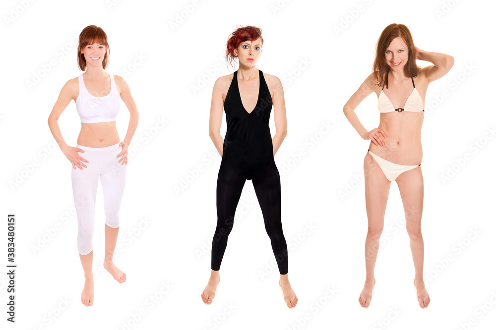 Full length portraits of three beautiful athletic women wearing sportswear, isolatded in front of white background Full length portraits of three beautiful athletic women wearing sportswear, isolatded in front of white background