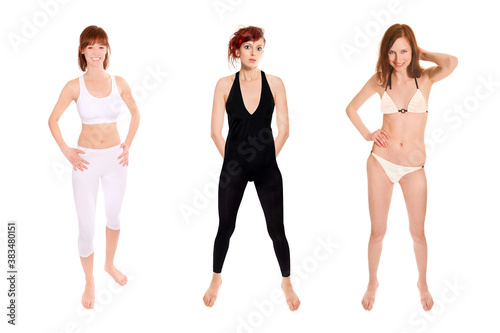 Full length portraits of three beautiful athletic women wearing sportswear, isolatded in front of white background