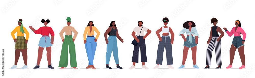 set young women in casual trendy clothes african american female cartoon characters collection horizontal full length vector illustration