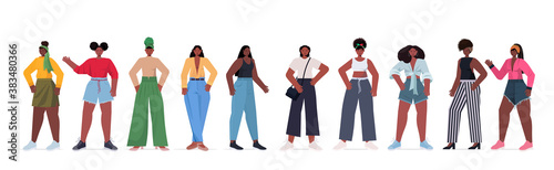 set young women in casual trendy clothes african american female cartoon characters collection horizontal full length vector illustration