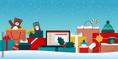 Many Christmas gifts and shopping bags under the snow
