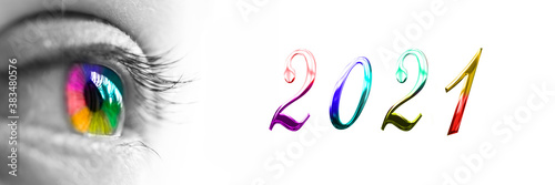 2021 and colorful rainbow eye on panoramic white background, 2021 new year greetings
