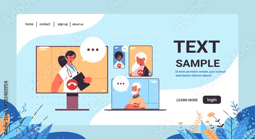 female doctor consulting mix race patients during video call online medical consultation healthcare medicine concept horizontal portrait copy space vector illustration